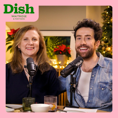 episode The Dish Awards 2024 with Nick and Angela, a cheese board and a negroni sbagliato artwork