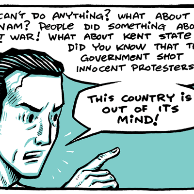 episode “The Murder Next Door,” Oakland-based graphic artist Hugh D’Andrade’s first graphic novel artwork