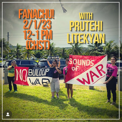 episode Protesting the Camp Blaz Activation Ceremony (2023) with Prutehi artwork